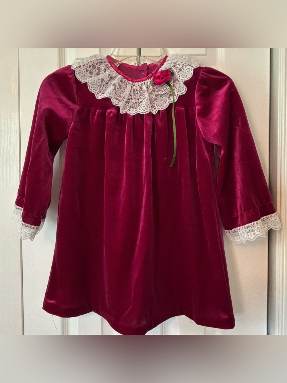 VTG Sweet Liberty Dark Pink Velvet Girls Dress Long Sleeve, Lace Collar, USA 6X
